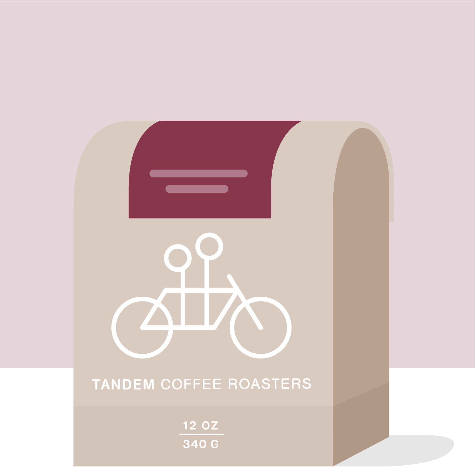 A beige coffee bag from Tandem Coffee Roasters labeled “Tima - Guji, Ethiopia” features a simple white tandem bicycle graphic. The packaging indicates 12 oz, 340 g and includes a maroon section near the top set against a light background. Highlighted on the bag is this Ethiopian coffee from Guji, sourced from a washed lot for a clean and vibrant flavor profile.